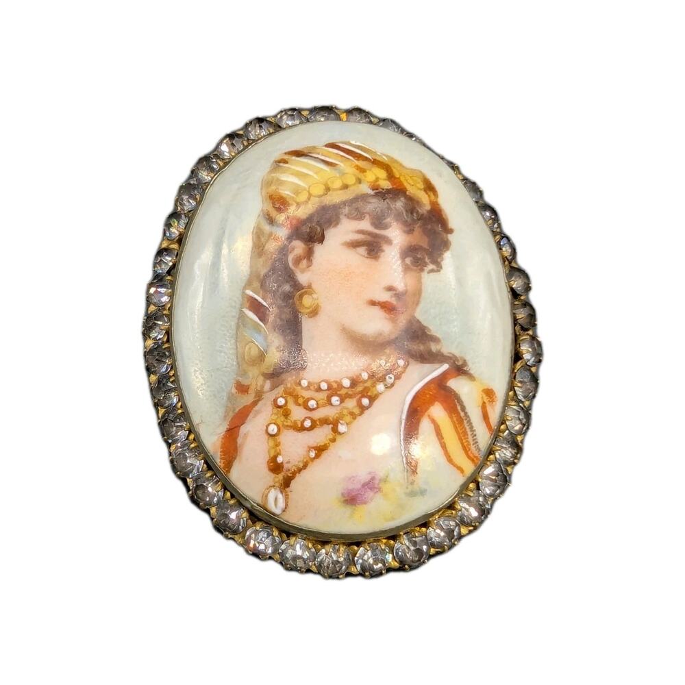 Large Antique Victorian Porcelain Portrait Brooch Paste Stone Border C-Clasp Pin